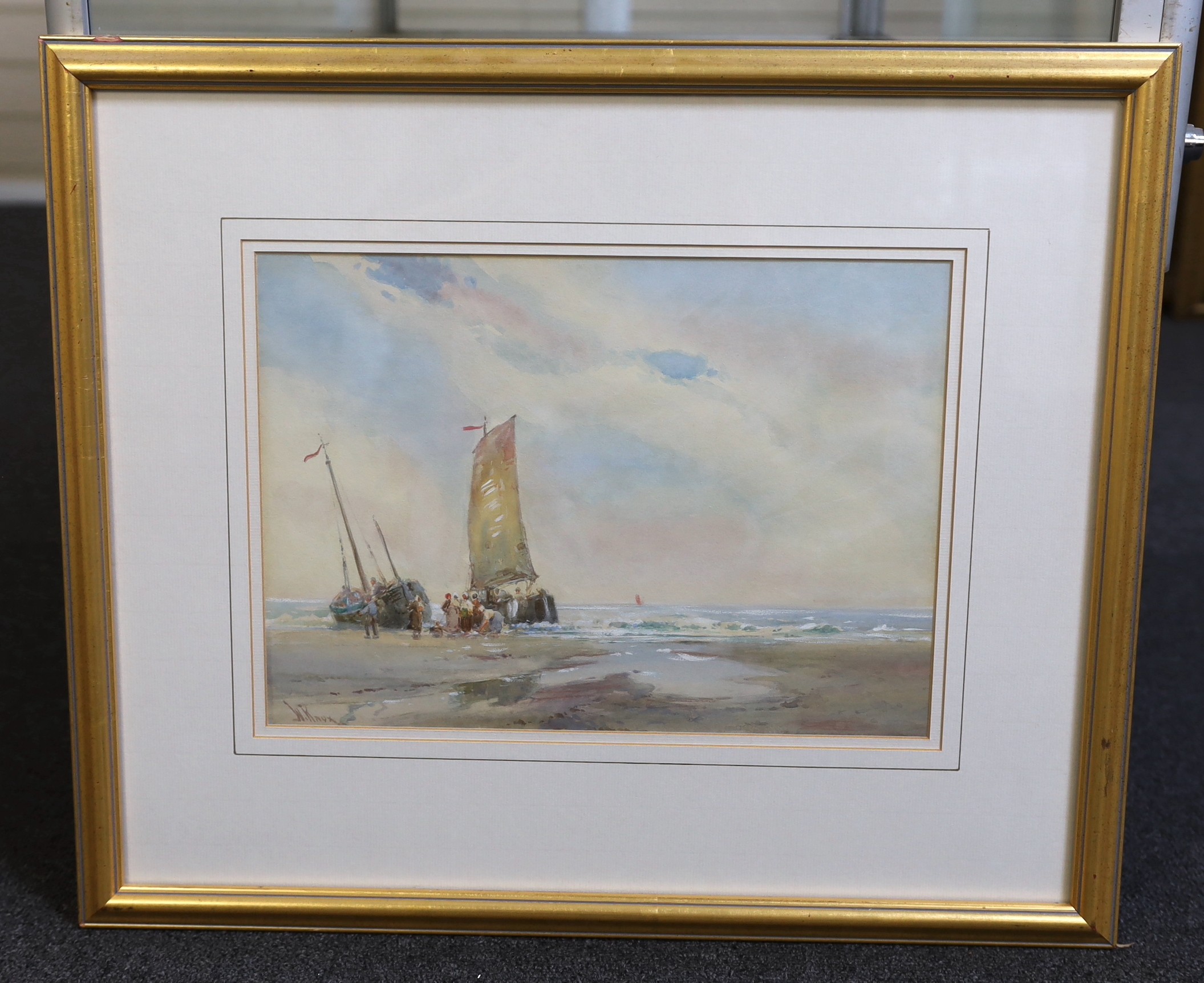 Wilfred Knox (1889-1966), watercolour, 'Unloading barges on the beach (Dutch Pinks)', signed, 26 x 36cm